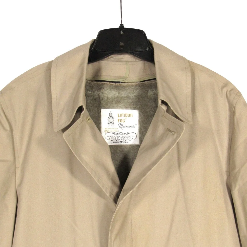 VTG LONDON FOG Men's KHAKI Removable Fur Liner BUTTON-UP Trench Coat Sz 42